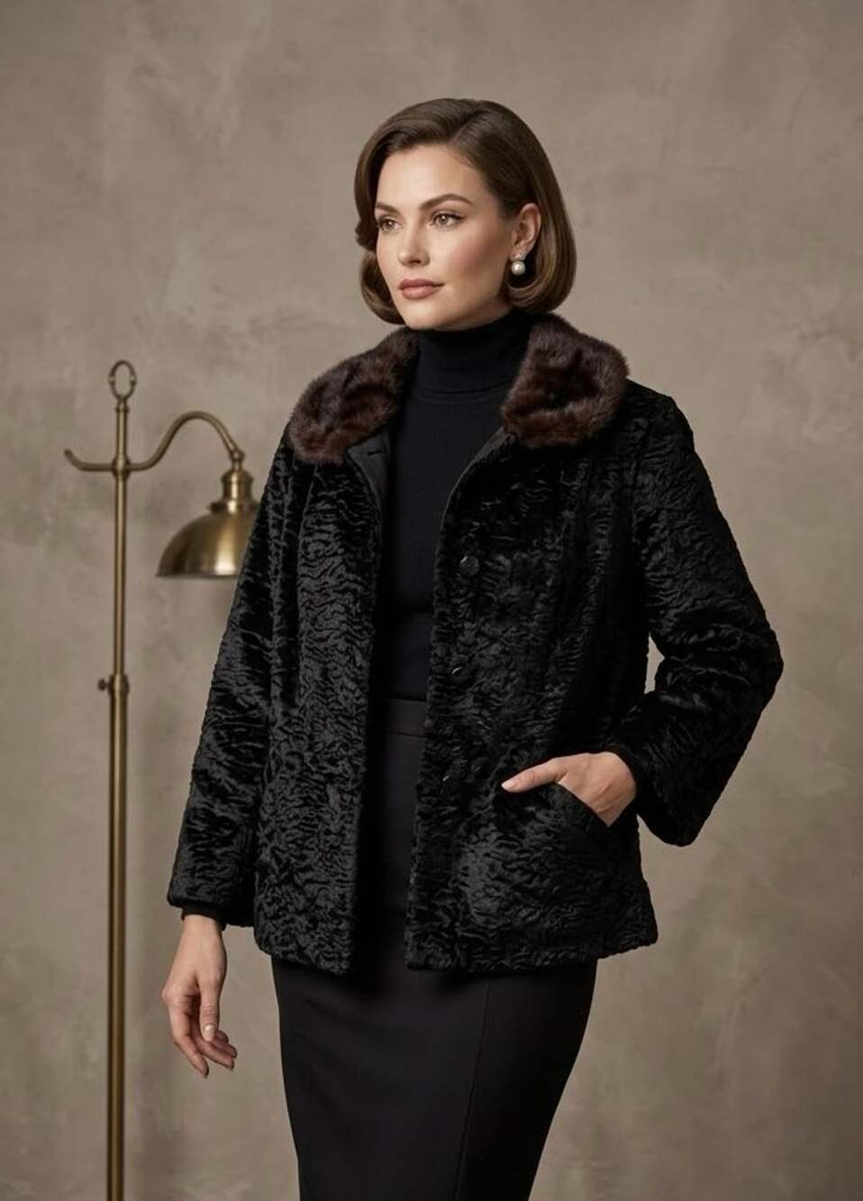 Vintage Hirsch Black Faux Fur Jacket with Brown Mink Collar Sz M